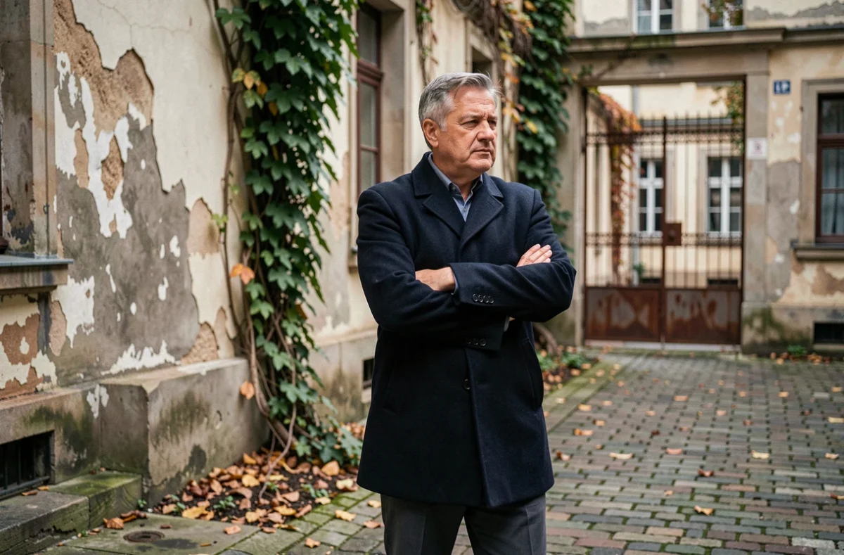 Homme en manteau sombre debout dans une cour pavée ancienne, regard tourné vers le passé
