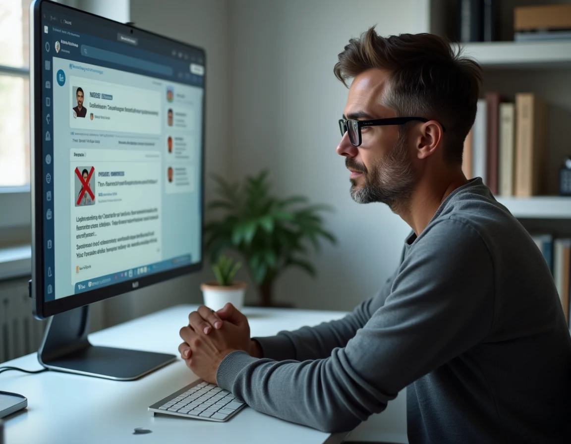 Homme pensif devant un écran affichant des réseaux sociaux avec des commentaires négatifs, représentant la réflexion sur la cancel culture en ligne