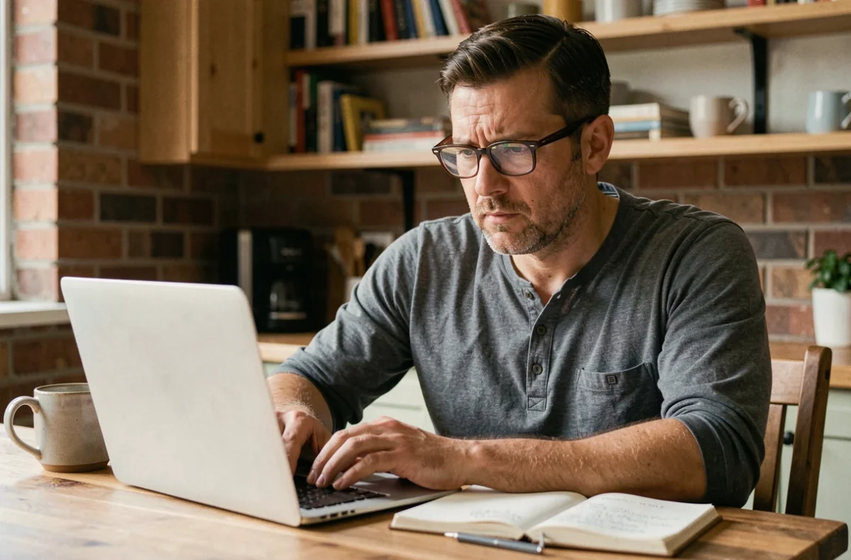Homme évaluant la fiabilité et la sécurité d'un outil en ligne depuis son domicile