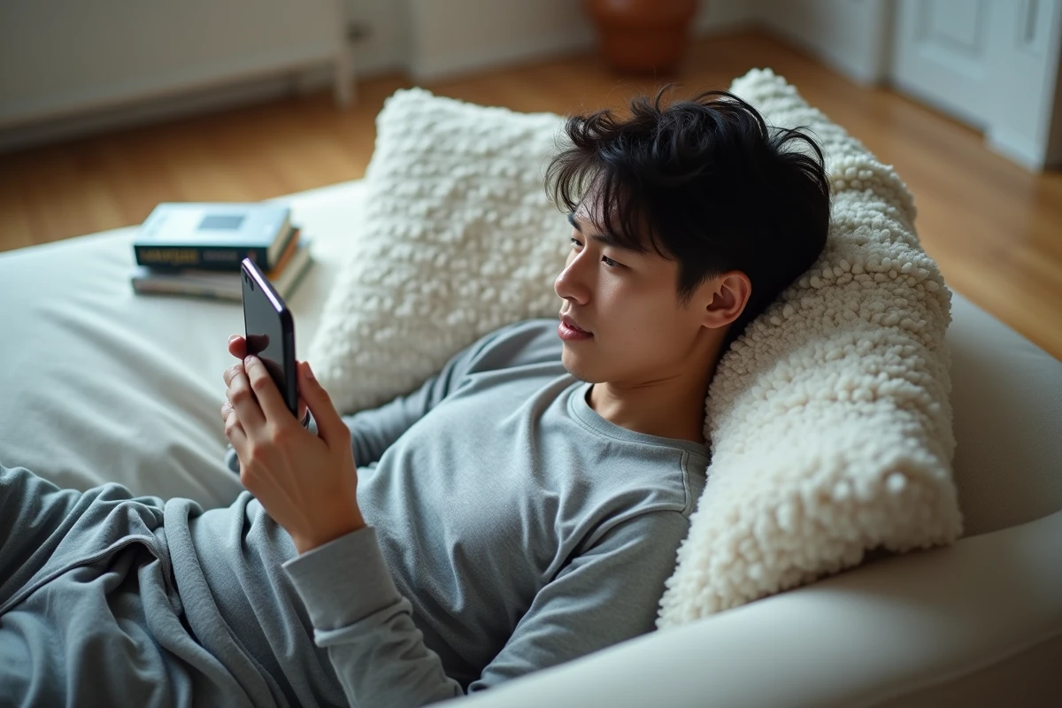 Jeune homme lisant un manga yaoi sur smartphone allongé sur un canapé dans un salon minimaliste scandinave