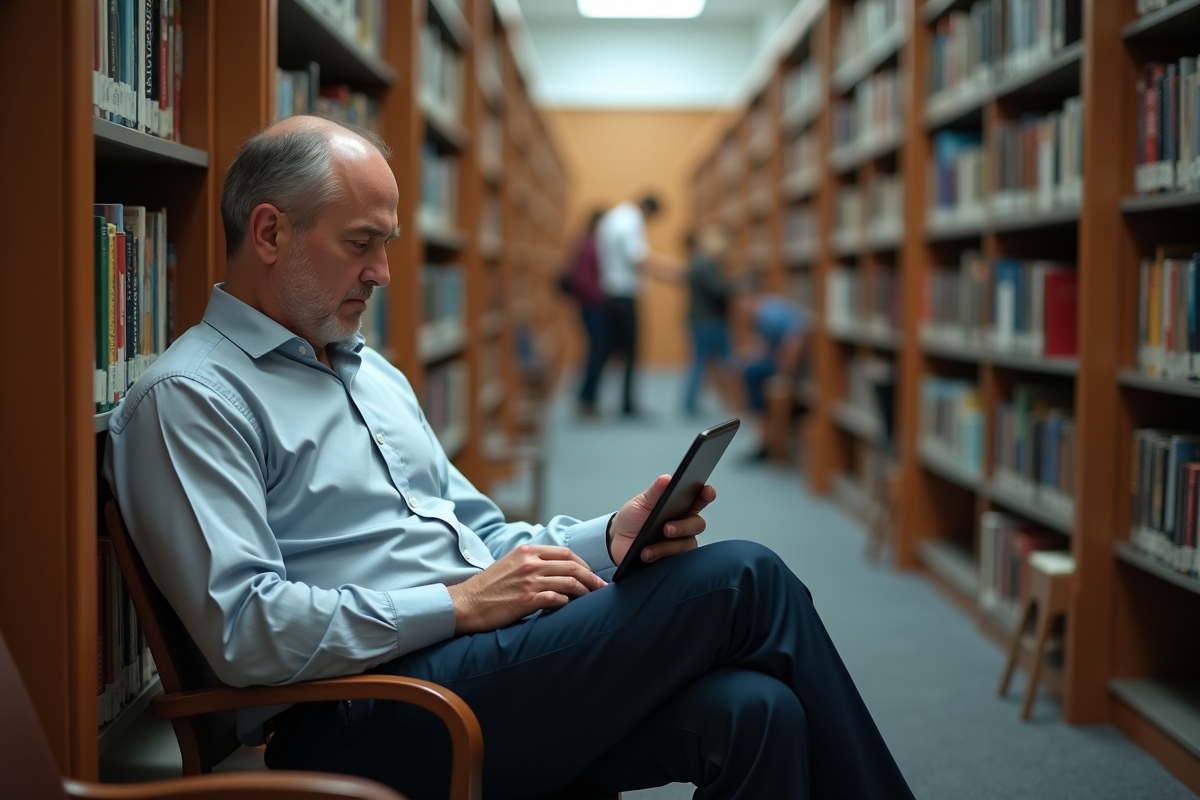 Homme en bibliothèque utilisant une tablette pour signaler contenu