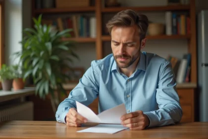 Homme réservé lisant une lettre d'amour dans la cuisine