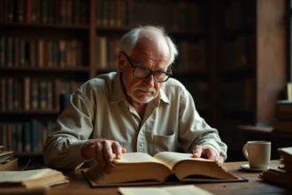 Vieil homme studieux lisant un ancien livre sacré à reliure en cuir dans une bibliothèque chargée d'histoire