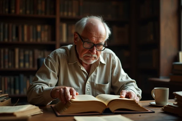 Vieil homme studieux lisant un ancien livre sacré à reliure en cuir dans une bibliothèque chargée d'histoire