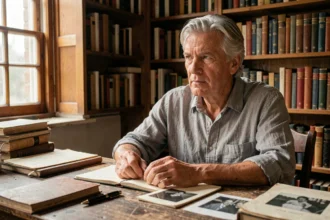 Portrait d'un homme mature pensif assis à un bureau ancien entouré de carnets et de souvenirs personnels