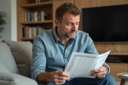 Homme d'âge moyen avec mètre ruban devant la TV