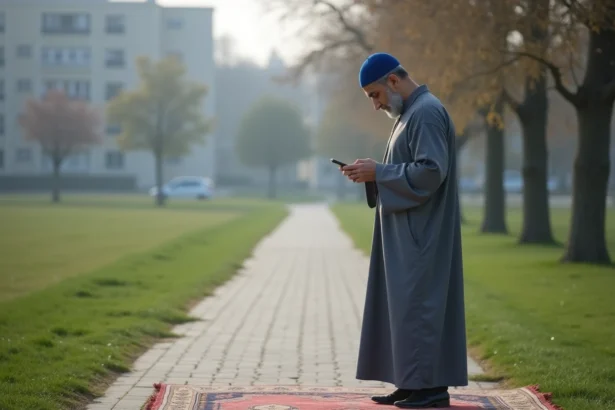 Musulman en prière dans un parc urbain à Tremblay