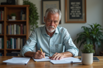 Homme d'âge moyen organisant des documents dans un bureau à domicile