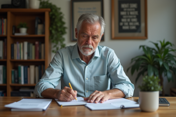 Homme d'âge moyen organisant des documents dans un bureau à domicile
