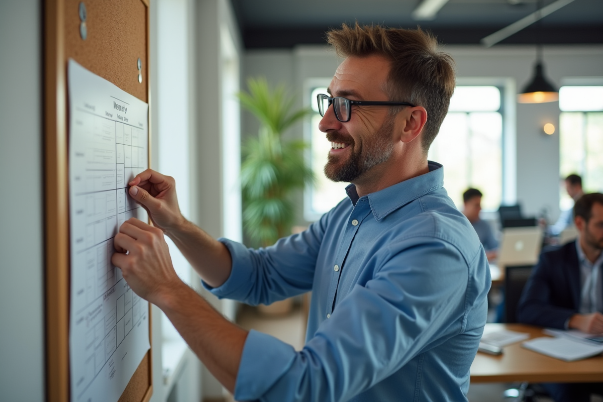 Homme pinçant un emploi du temps dans un espace partagé