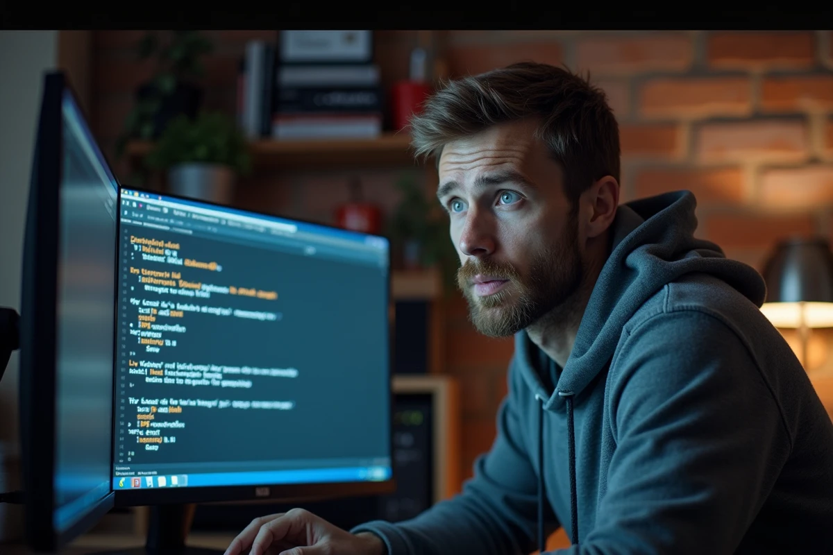 Homme utilisant un site de partage de fichiers et confronté aux avertissements de droits d'auteur