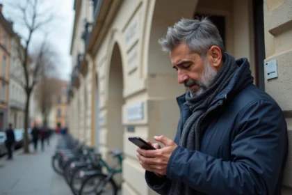 Homme vérifiant l'heure de prière devant la mosquée de Tremblay