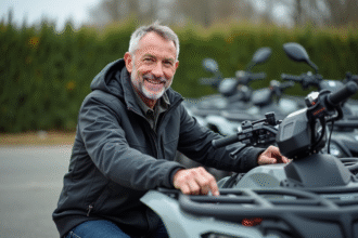 Homme souriant examinant un quad neuf en concession