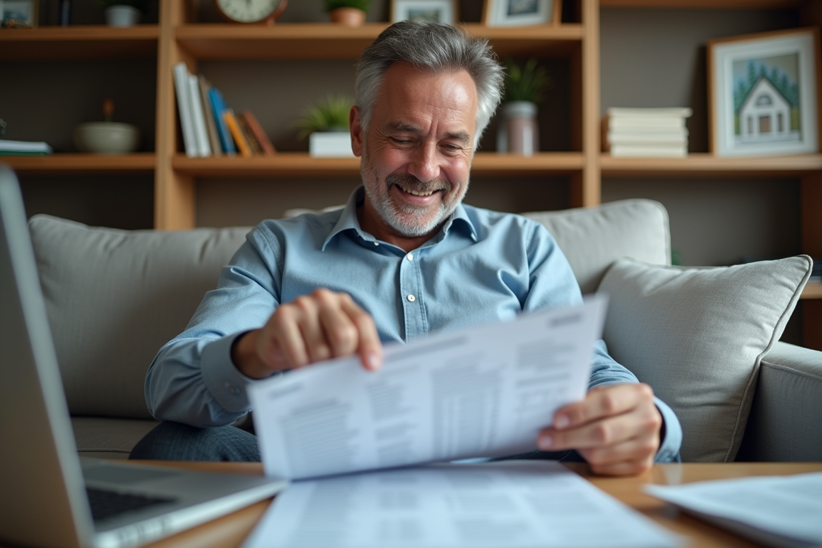 Homme d age moyen consultat un relevé d impots dans son salon