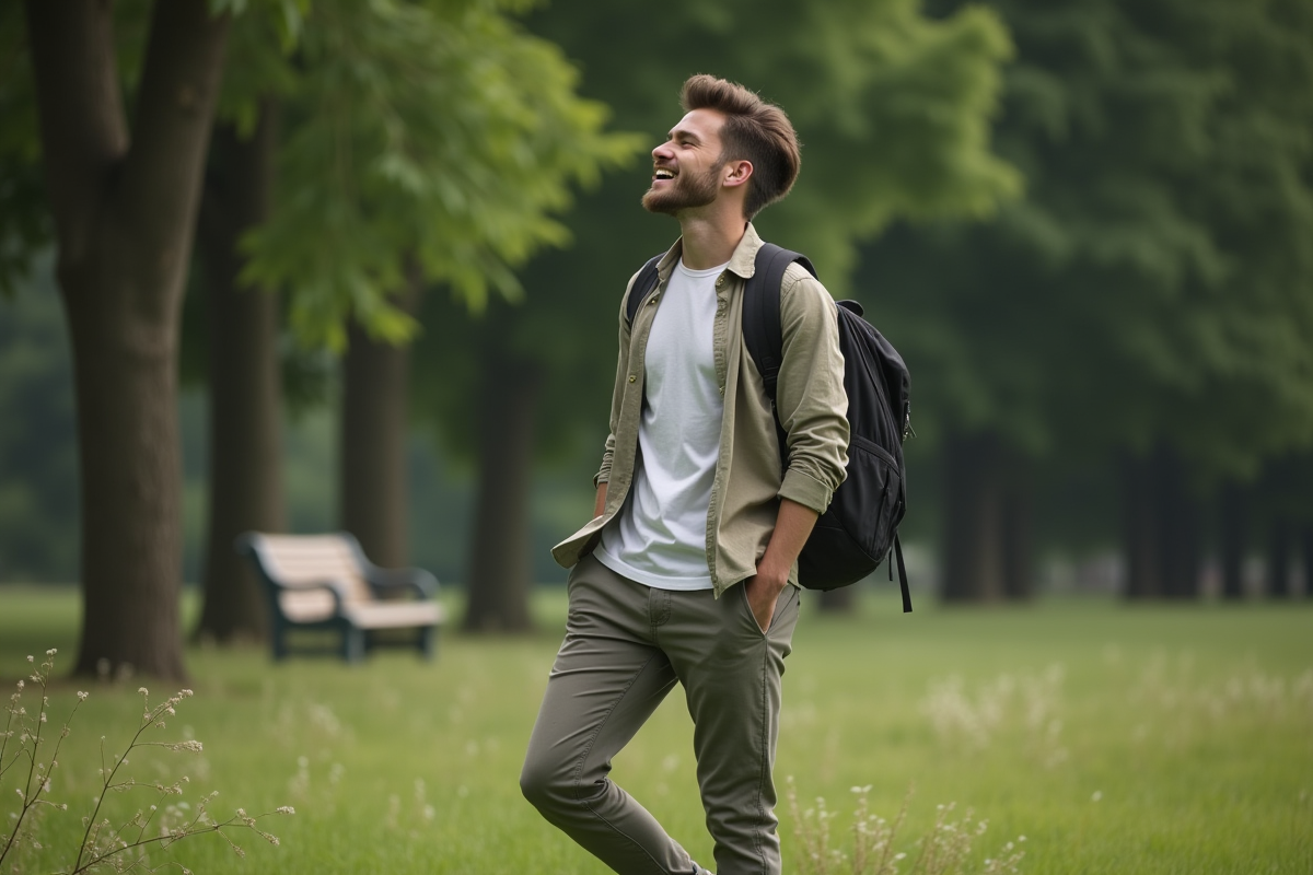Homme respire profondément dans un parc naturel
