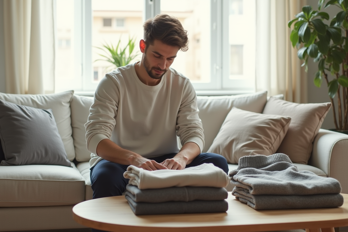 Homme pliant vêtements dans un salon scandinave lumineux