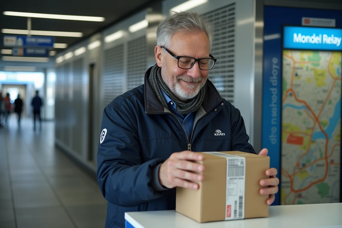 Homme souriant scannant un colis au comptoir Mondial Relay