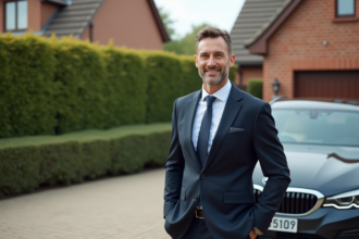 Homme en costume à côté d'une voiture moderne dans une allée