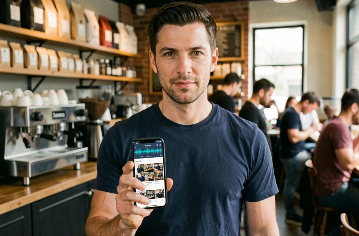 Homme consultant un site de streaming musical sur smartphone dans un café urbain