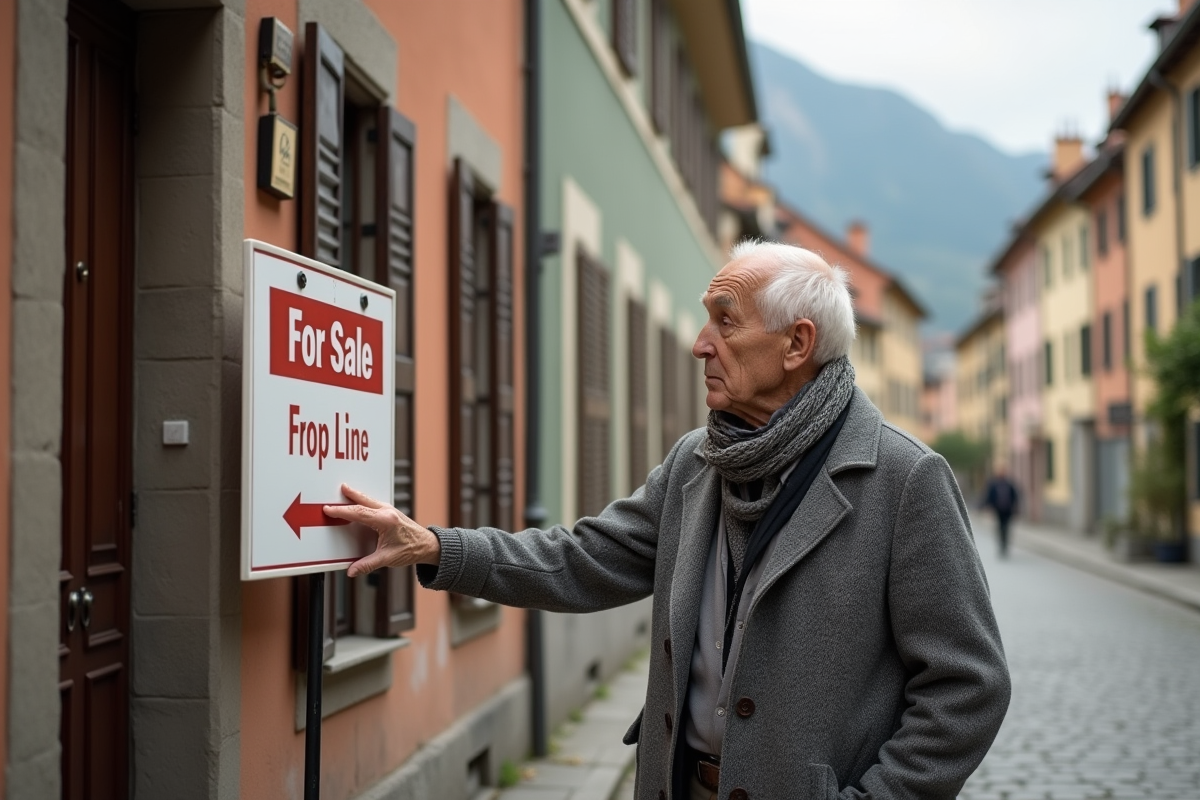 Homme âgé examinant une panneau à vendre devant des maisons européennes