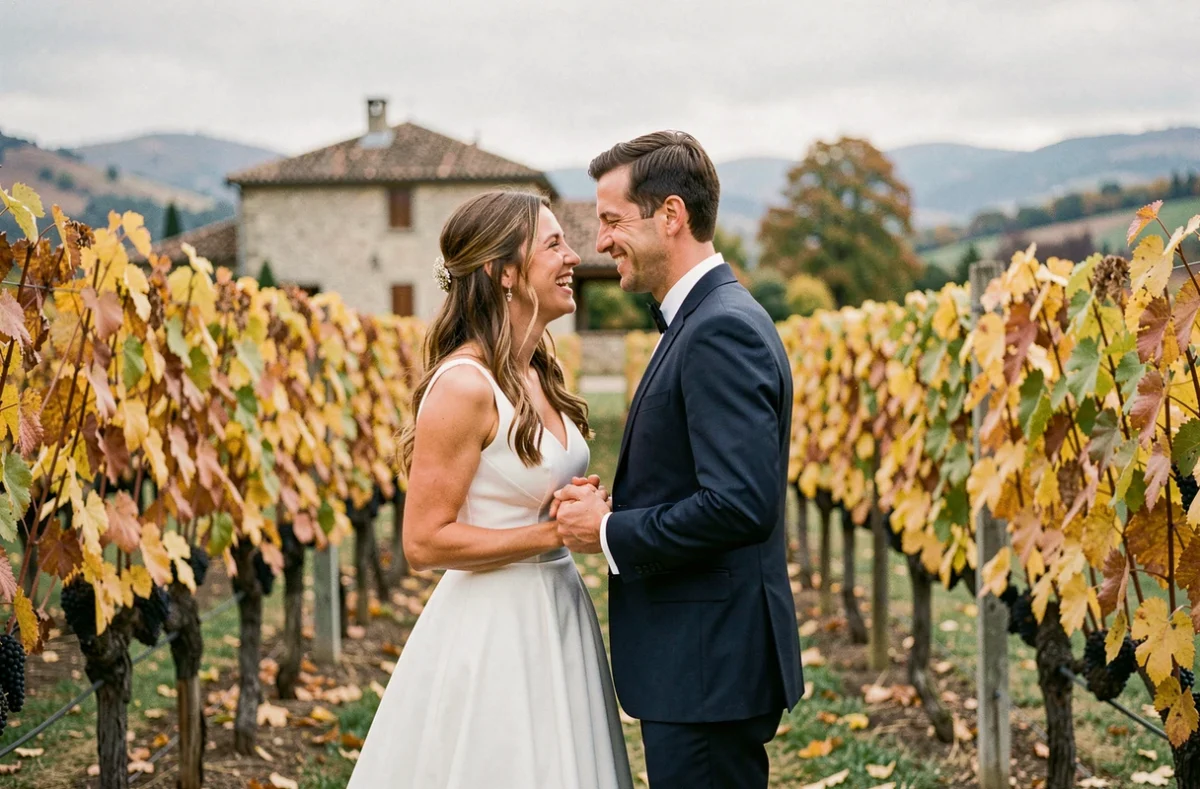 Couple de mariés dans un vignoble en Rhône-Alpes lors d'un reportage mariage par ILB Story