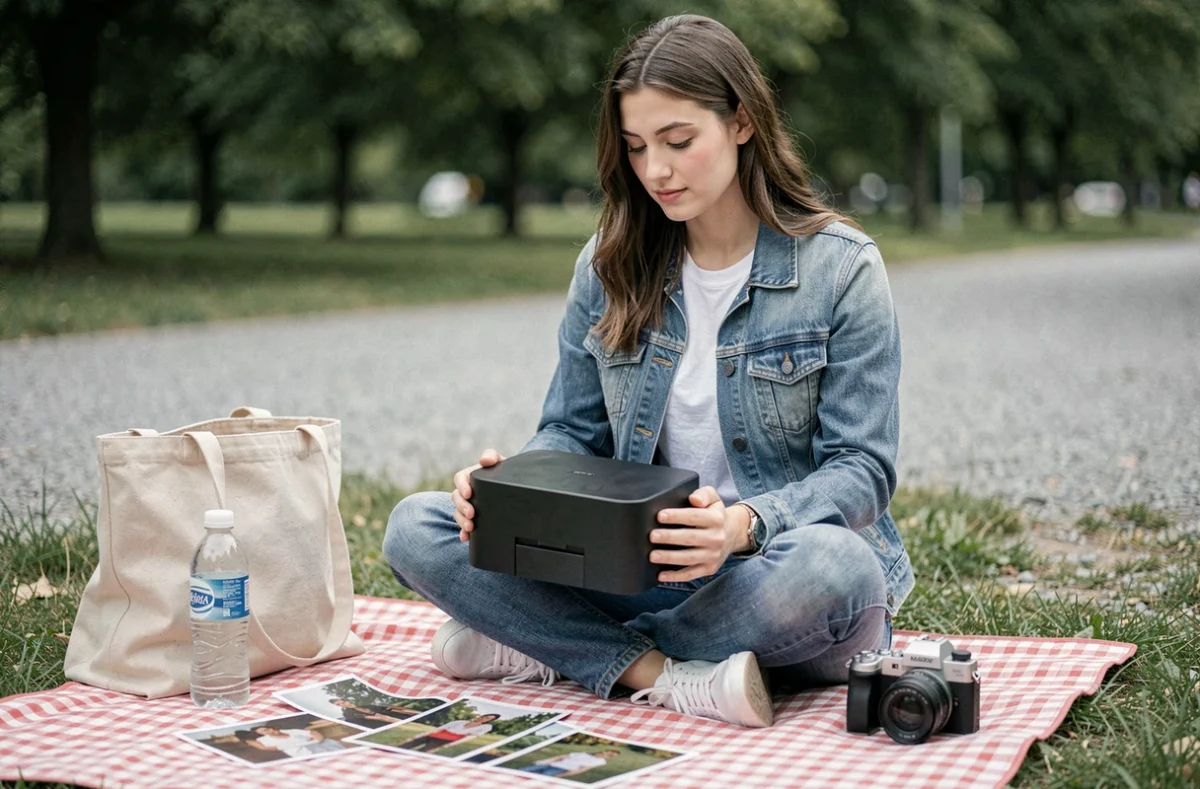 Jeune femme utilisant une imprimante photo portable en extérieur dans un parc sur une couverture de pique-nique