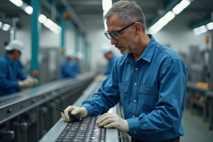 Ingénieur homme en usine examinant des piles AA sur une ligne de production