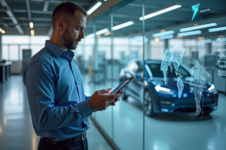 Ingénieur homme en chemise bleue examine un schéma automobile