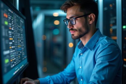 Ingénieur informatique travaillant sur un superordinateur moderne