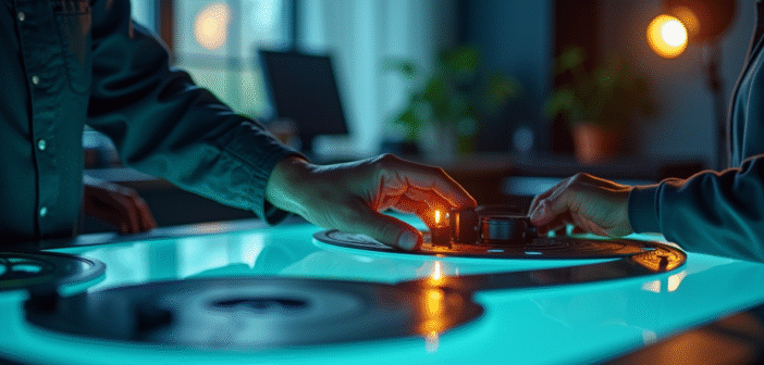 Inspecteur de films examinant une bobine dans un studio lumineux