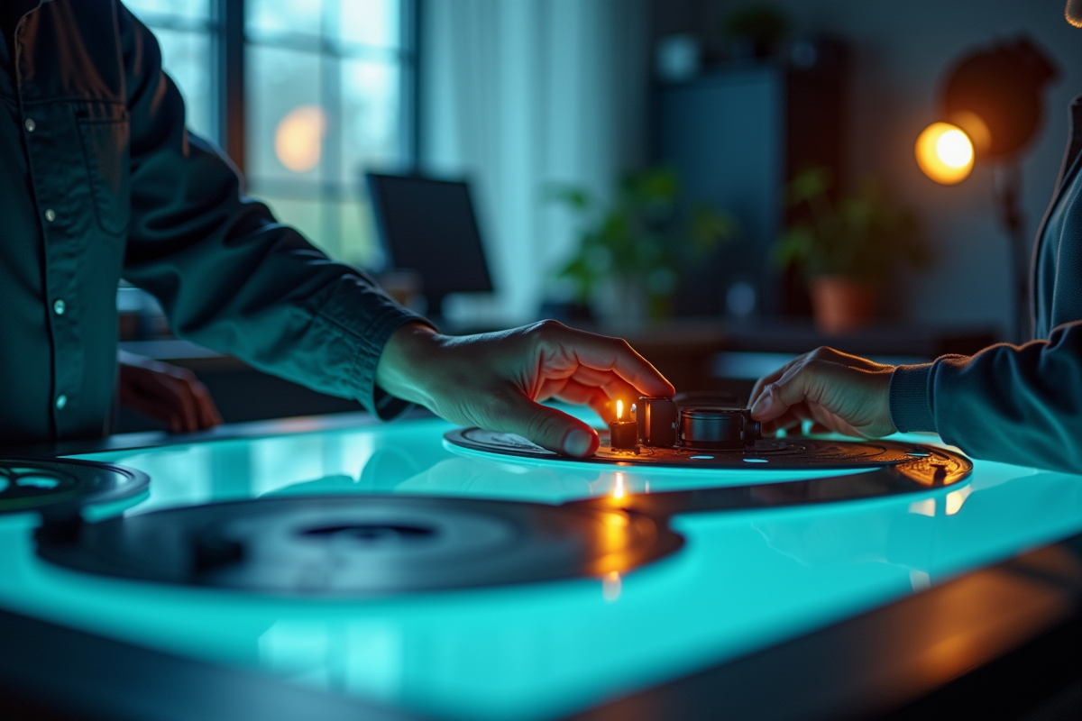 Inspecteur de films examinant une bobine dans un studio lumineux