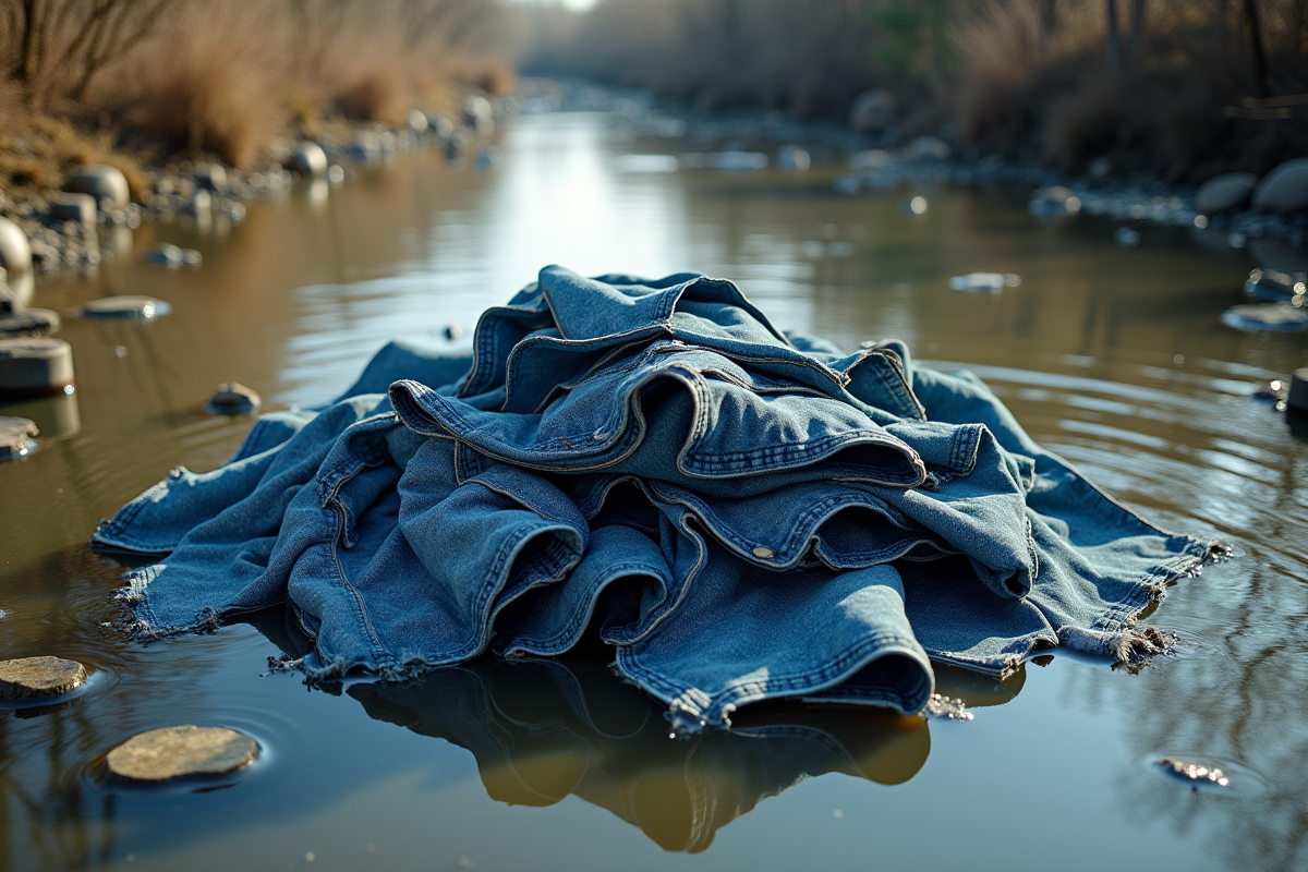 Pile de jeans usés dans une rivière polluée en plein jour