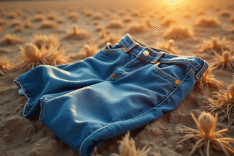 Jeans bleus sur sol sec avec plantes fanées et soleil