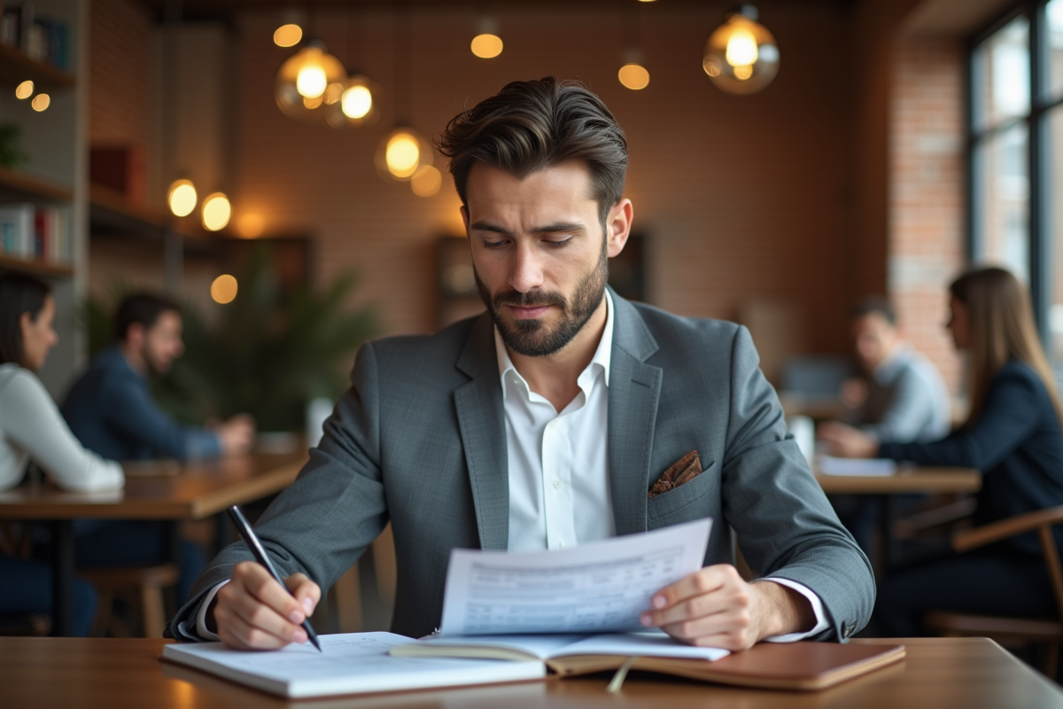 Jeune entrepreneur analysant un rapport financier dans un café