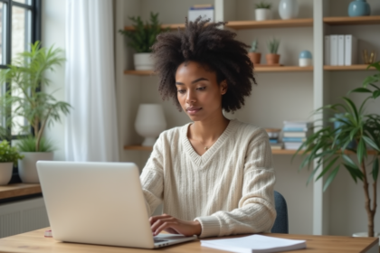 Jeune femme au bureau en ligne avec ordinateur portable