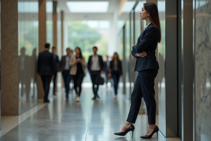 Jeune femme en costume d'affaires dans un hall moderne