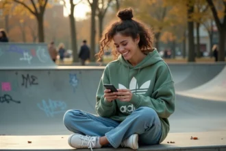 Jeune femme de la Gen Z assise en ville tapant un message sur son smartphone, expression décontractée et authentique