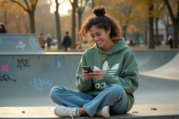 Jeune femme de la Gen Z assise en ville tapant un message sur son smartphone, expression décontractée et authentique