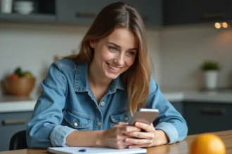 Jeune femme en denim dans la cuisine avec smartphone