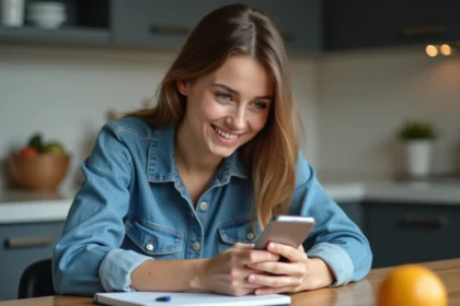 Jeune femme en denim dans la cuisine avec smartphone