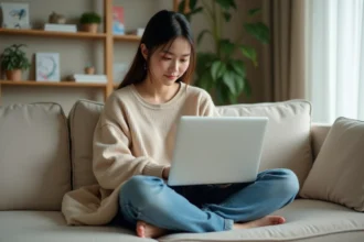 Jeune femme lisant manga sur un sofa lumineux
