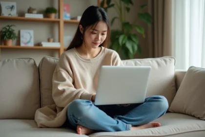 Jeune femme lisant manga sur un sofa lumineux