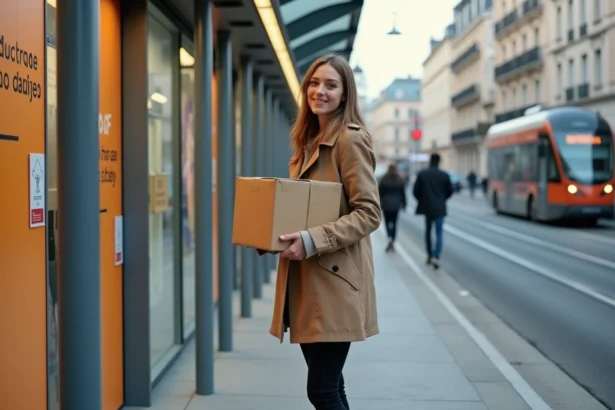 Jeune femme avec colis devant point Mondial Relay en ville