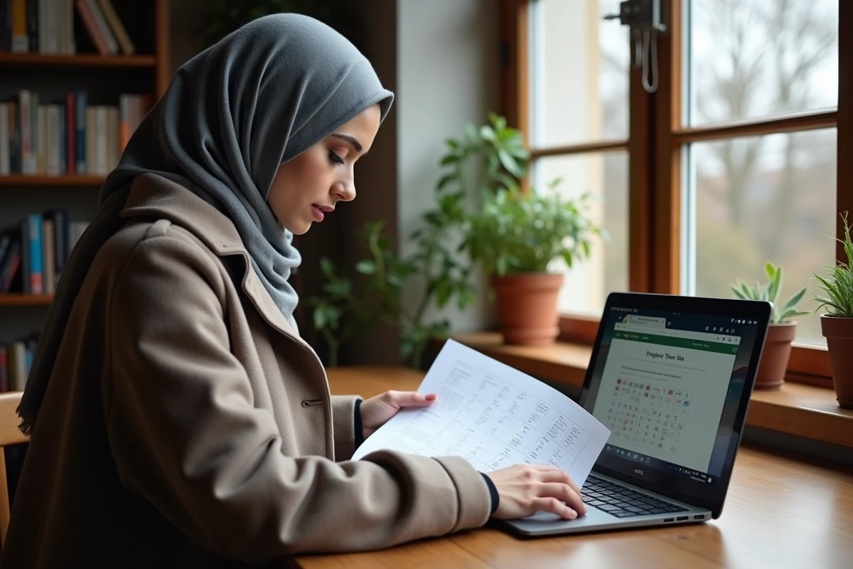 Jeune femme lisant un horaire de prière près de la fenêtre