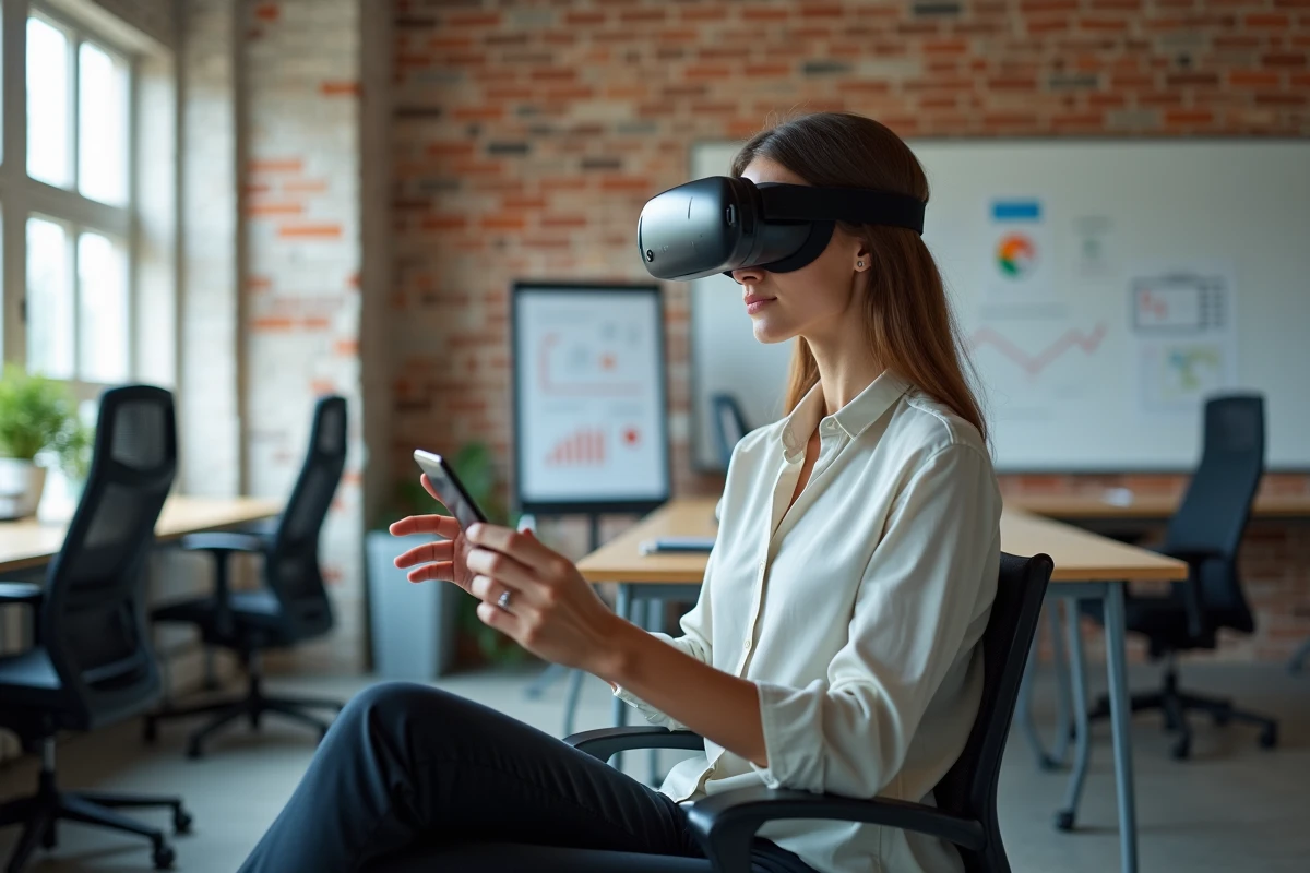 Jeune femme portant un casque de realite augmentee dans un espace de startup