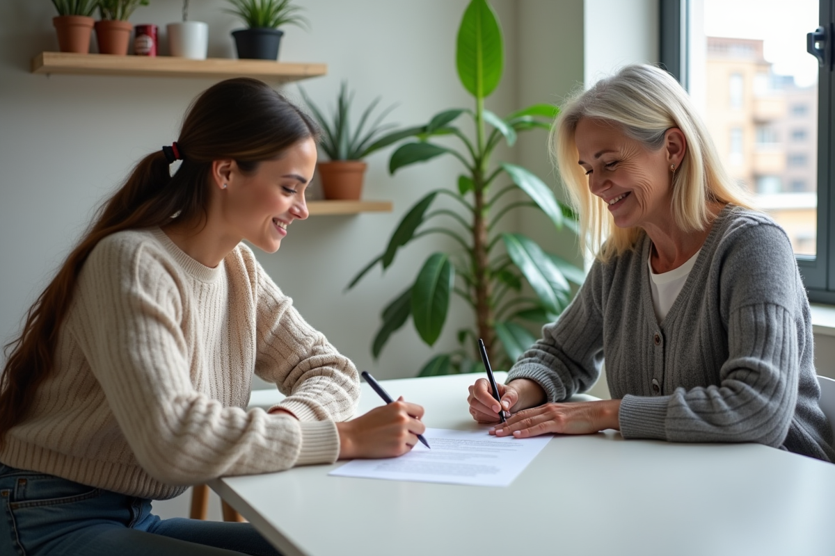 Jeune femme signant un contrat avec une femme plus âgée dans un salon lumineux