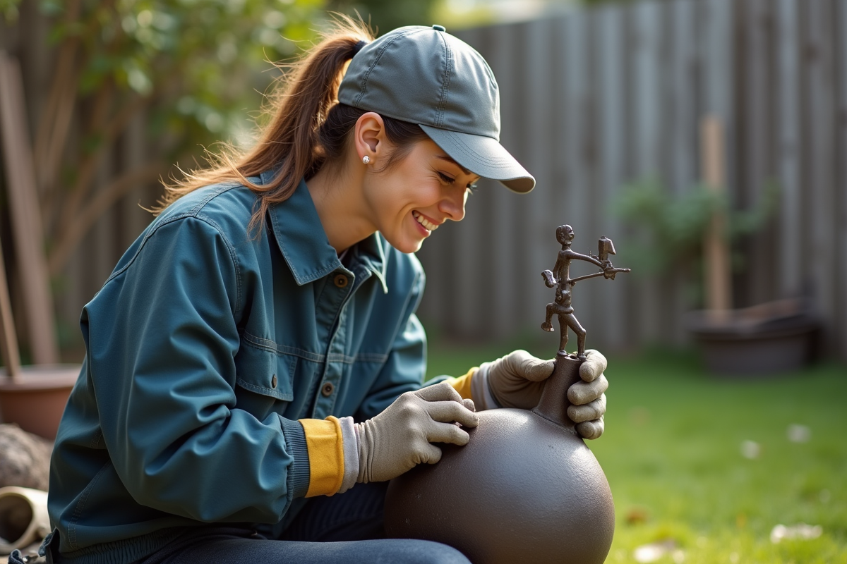 Jeune femme soudant une sculpture en extérieur avec sourire