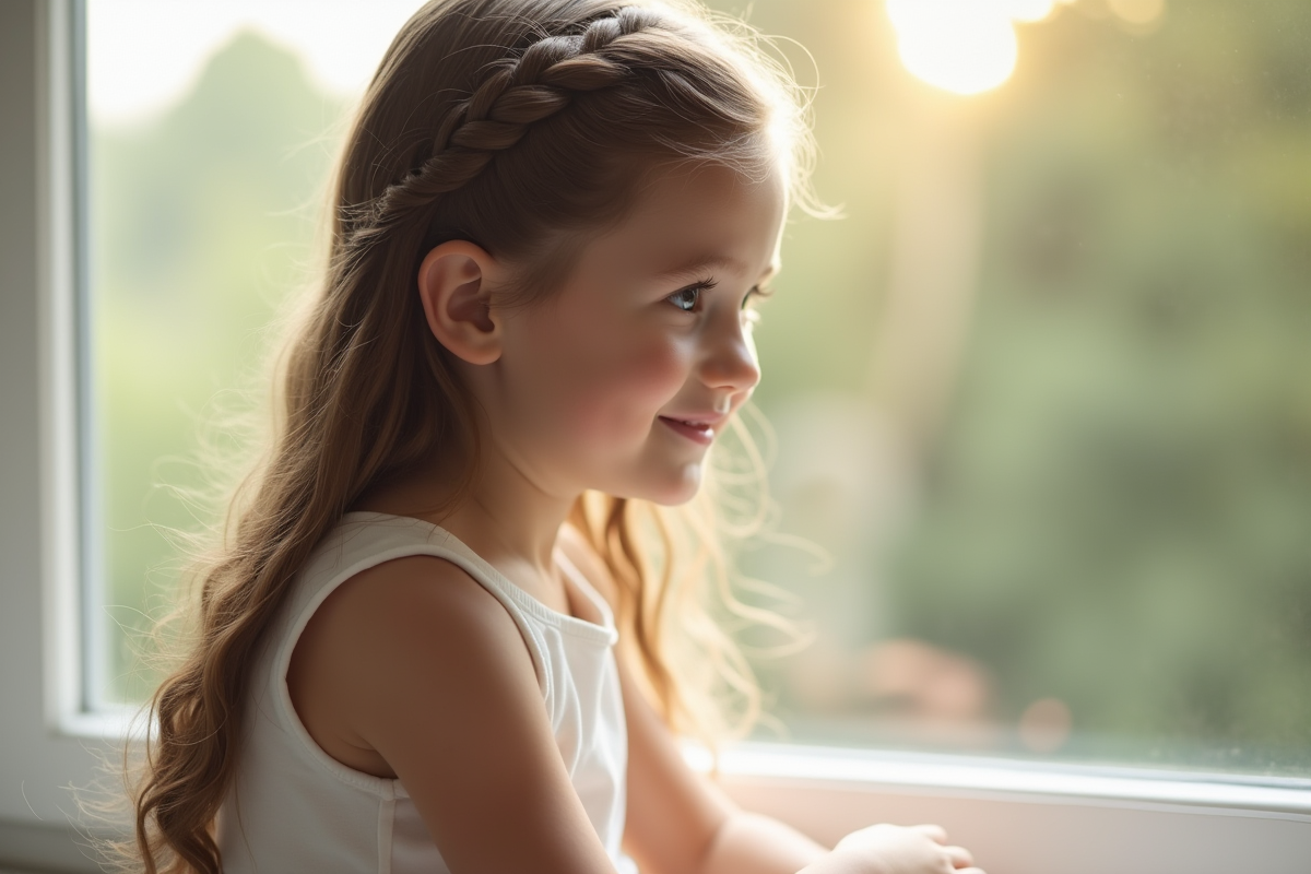 Jeune fille aux cheveux longs en tresse assise près d'une fenêtre