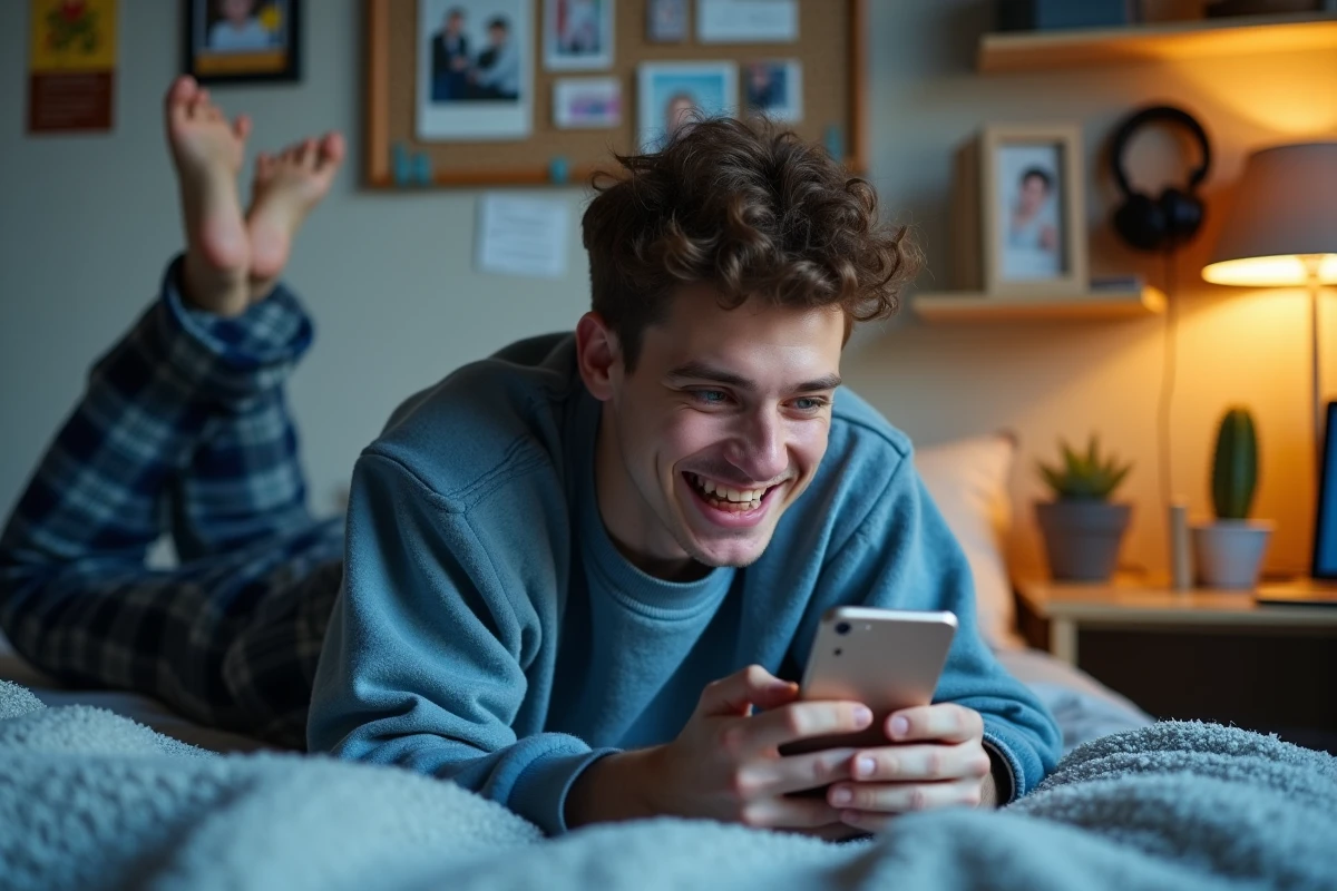 Jeune homme de la Gen Z allongé sur son lit consultant les réseaux sociaux sur son téléphone dans une chambre décorée