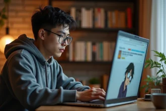 Jeune homme concentré devant son ordinateur lisant du manga